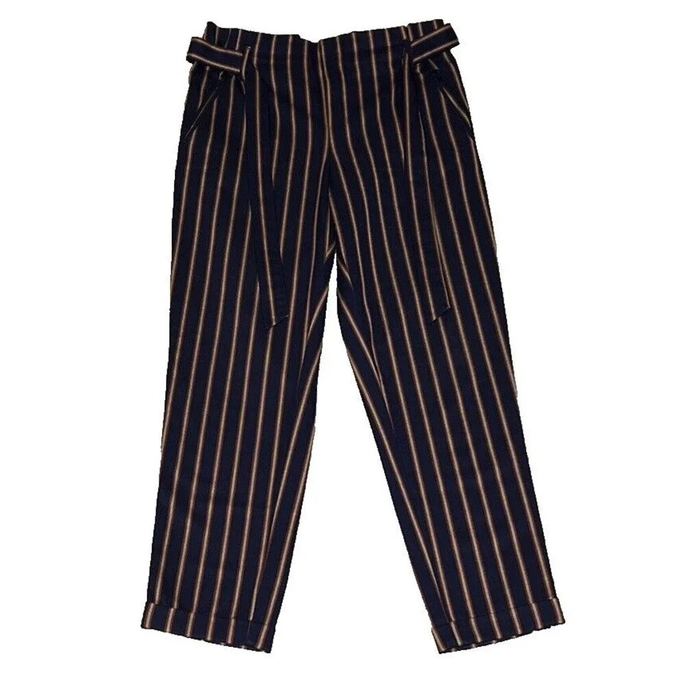 Zara Trafaluc Collection Trousers Striped Blue Paper bag Tie Tapered Leg Size 5